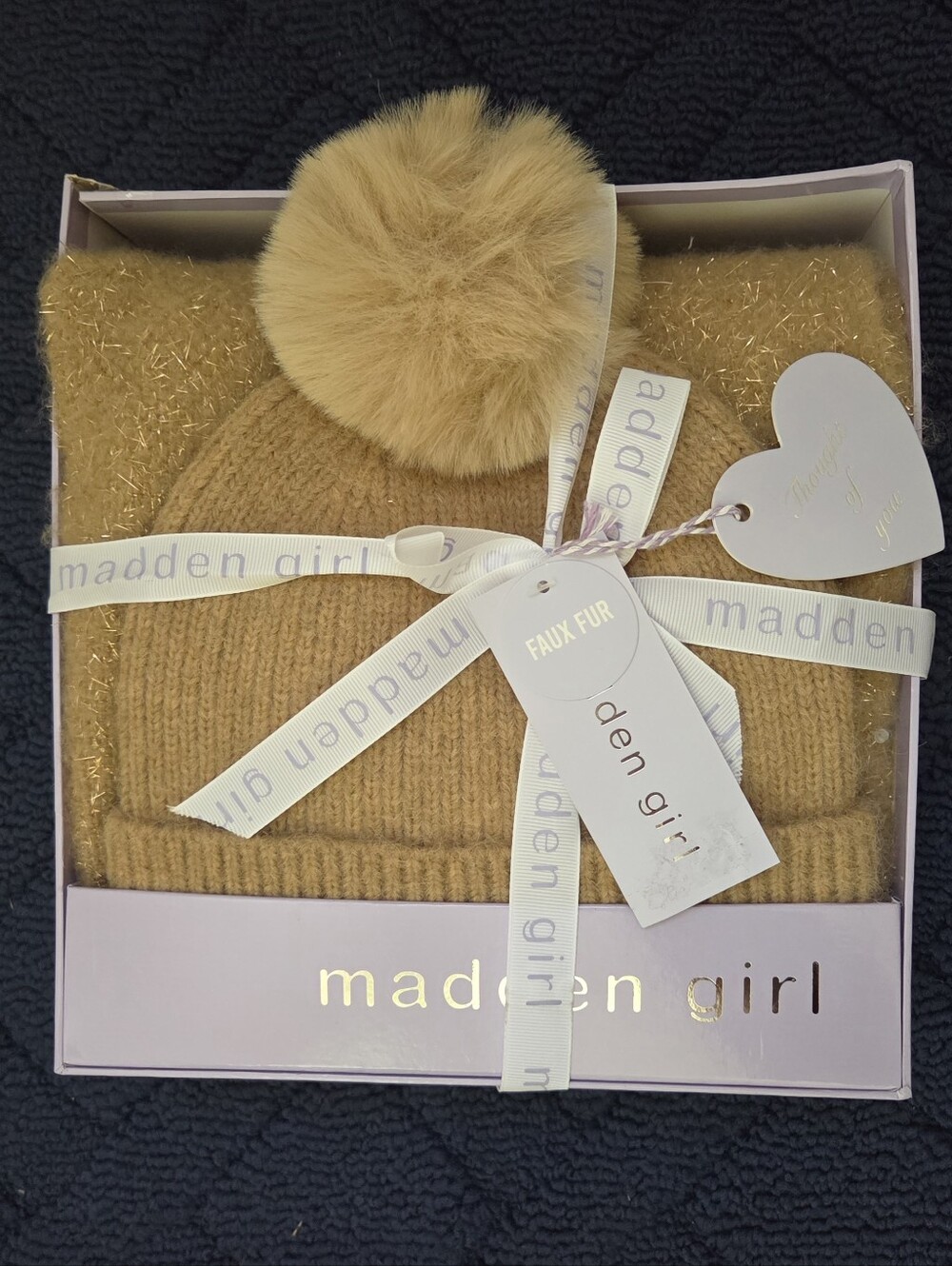 NEW Madden Girl 2-Piece Tinsel Weave Oblong Scarf & Pom Pom Beanie Gift Set